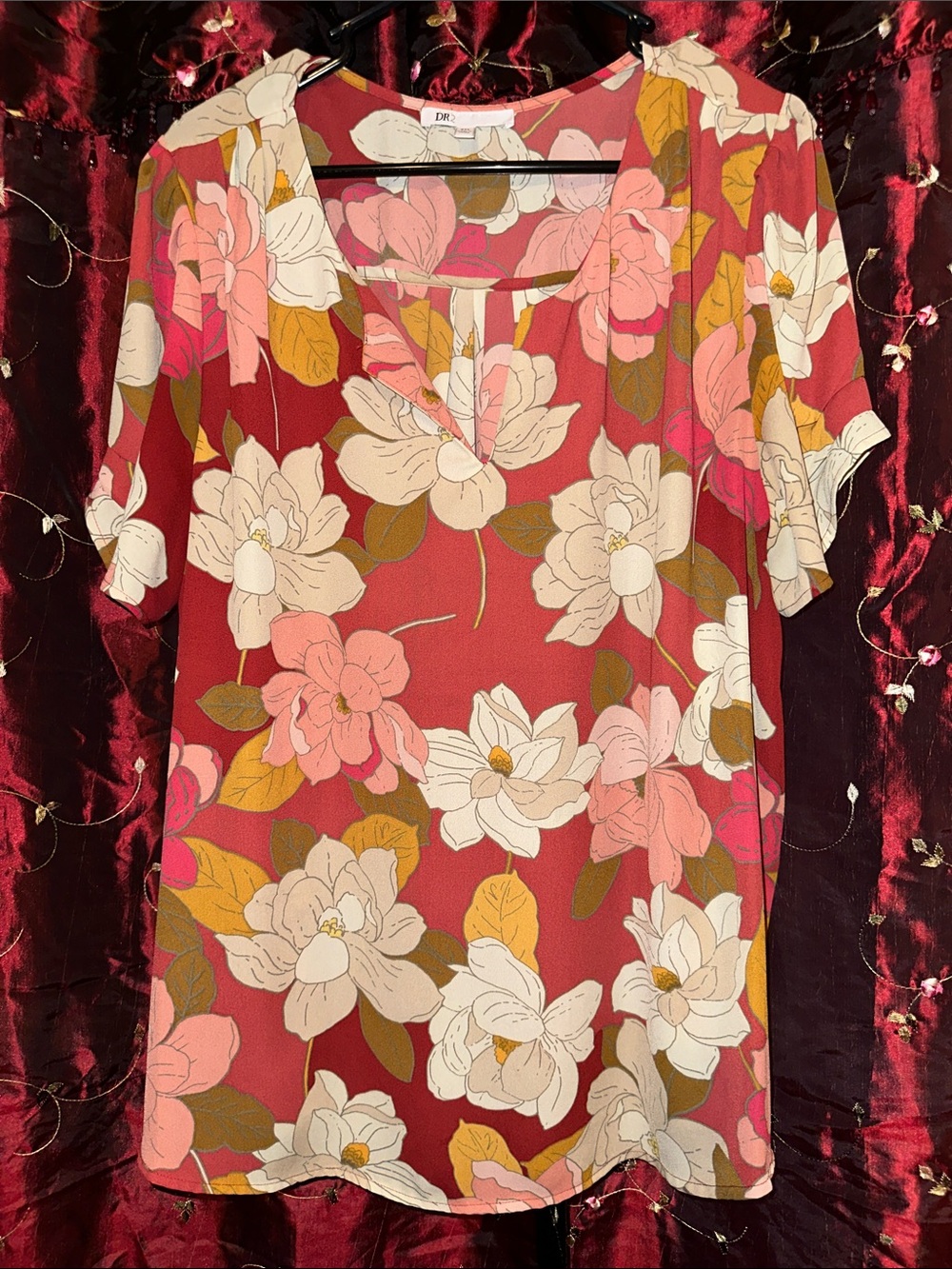 DR2 Floral Short-Sleeve Tunic in Berry with Cream & Pink Blooms